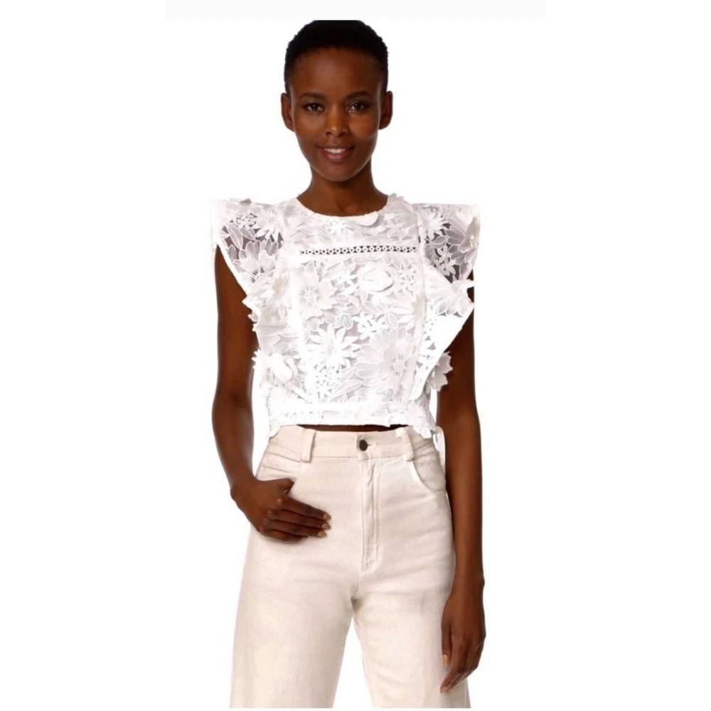 JOA Floral Lace Crop Top S White Applique Angelcore Bridal Coquette Retail $128